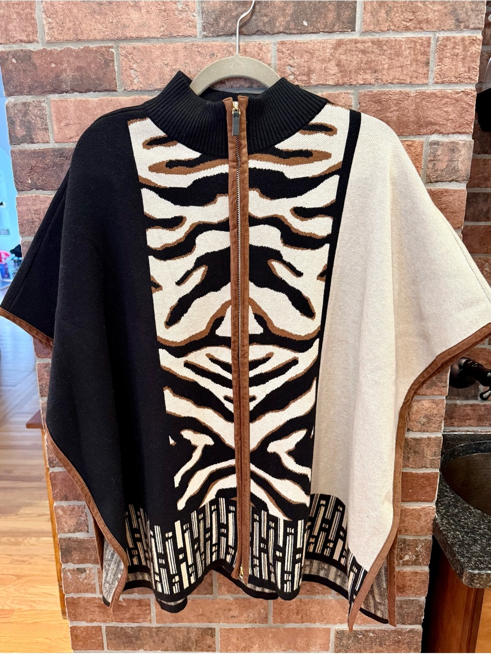 Chico’s Zebra Zip Front Poncho in Black, Cream & Brown